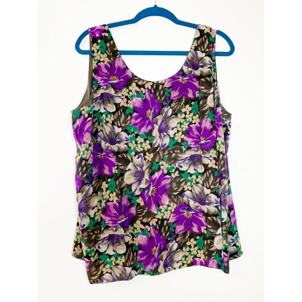 Dana Buchman 100% Silk Floral Tank Blouse Purple Tropical Print Size 18